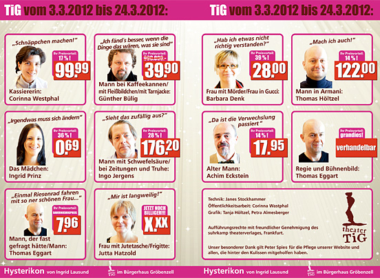 die Liste der DarstellerInnen: Barbara Denk, Jutta Hatzold, Ingrid Prinz, Corinna Westphal, G&uuml;nther B&uuml;lig, Achim Eckstein, Thomas Eggart (auch: Regie), Thomas H&ouml;ltzel, Ingo Jergens